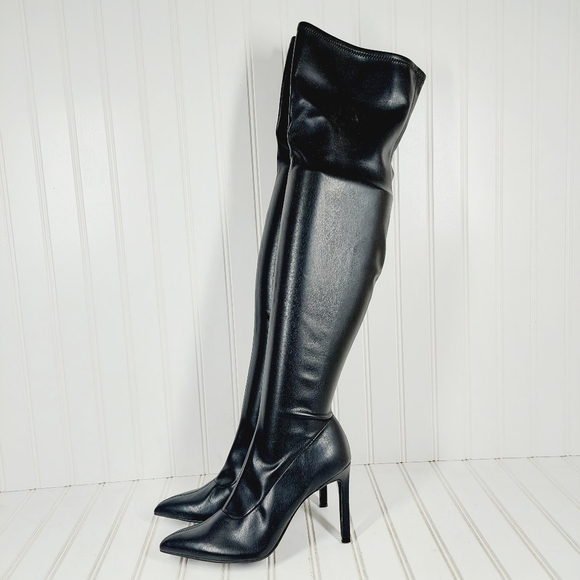 New Open Edit Kami Pointed Toe Over the Knee Black Stilletto Heel Boot K399 - Picture 1 of 15